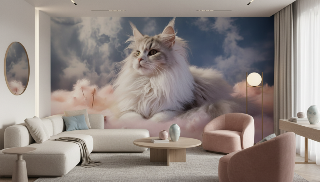 Chat Maine Coon Majestueux sur Nuages Roses et Bleus - Salon / Séjour