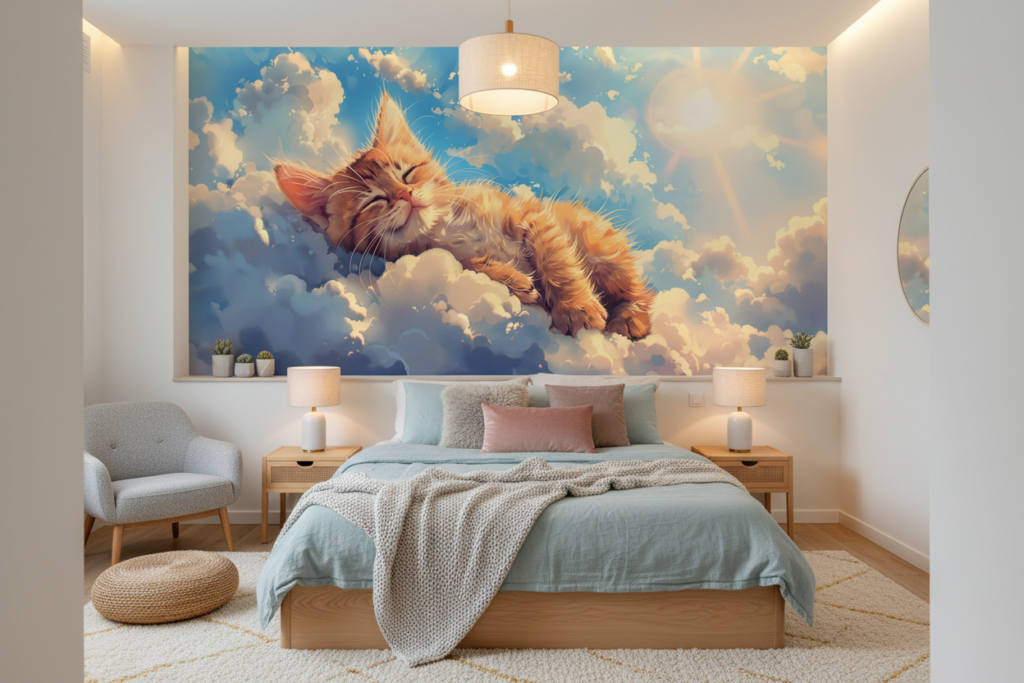 Chat orange paisible dormant parmi les nuages dorés célestes - Chambre ado