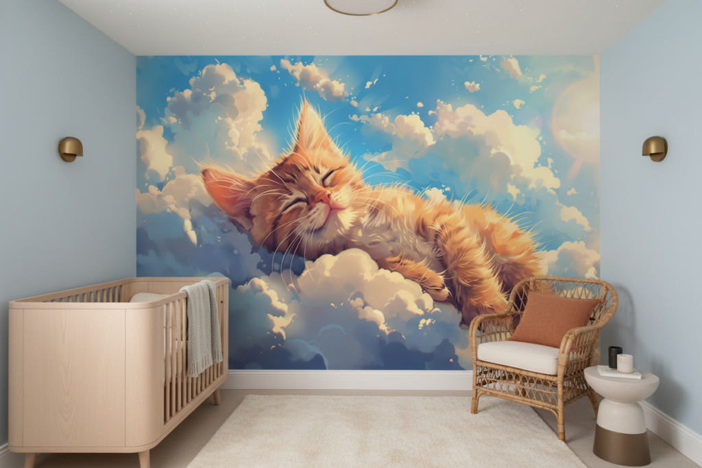 Chat orange paisible dormant parmi les nuages dorés célestes - Chambre bébé