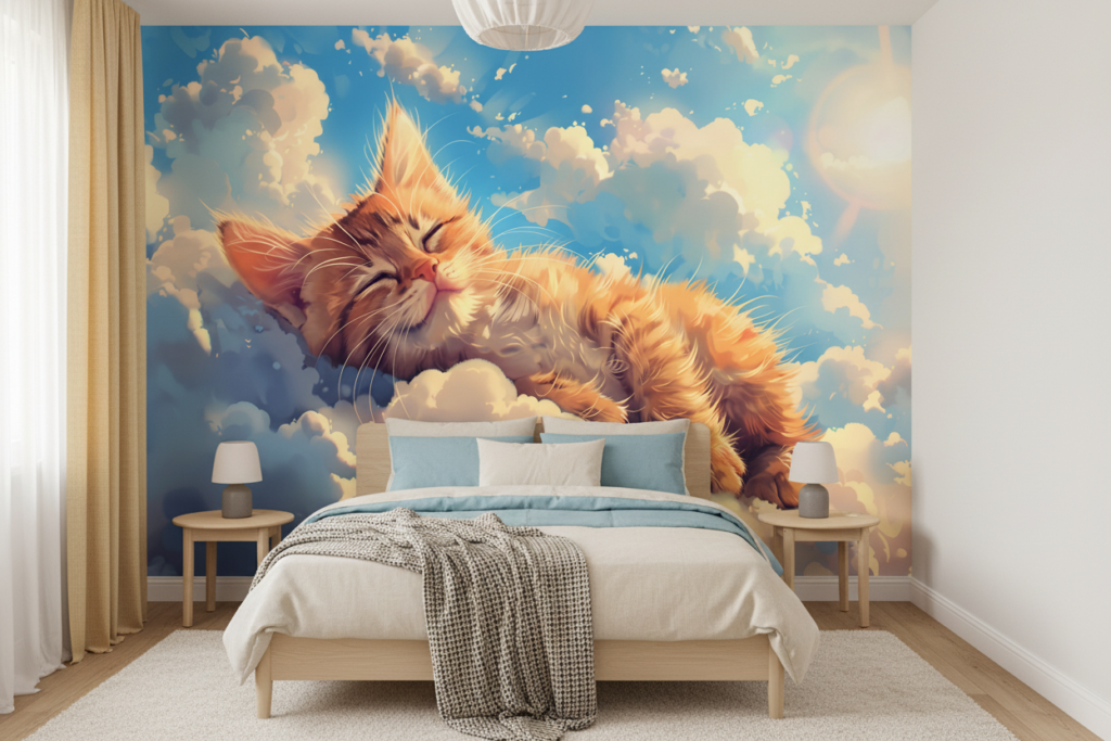 Chat orange paisible dormant parmi les nuages dorés célestes - Chambre enfant