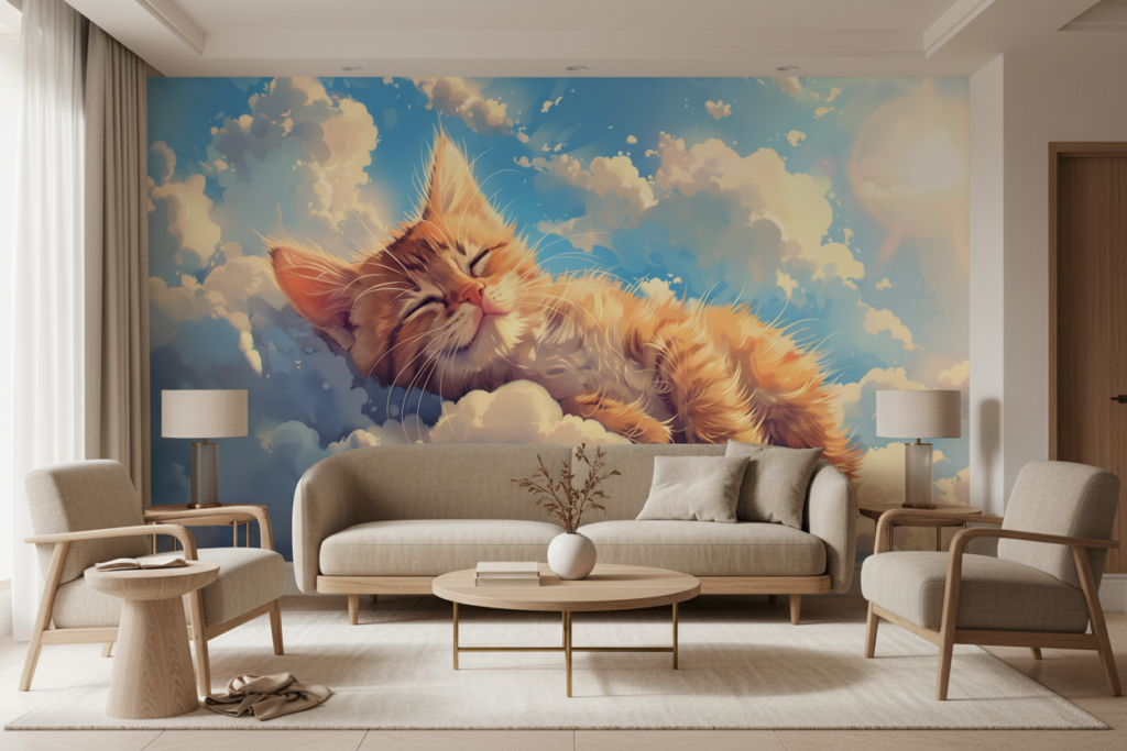 Chat orange paisible dormant parmi les nuages dorés célestes - Salon / Séjour
