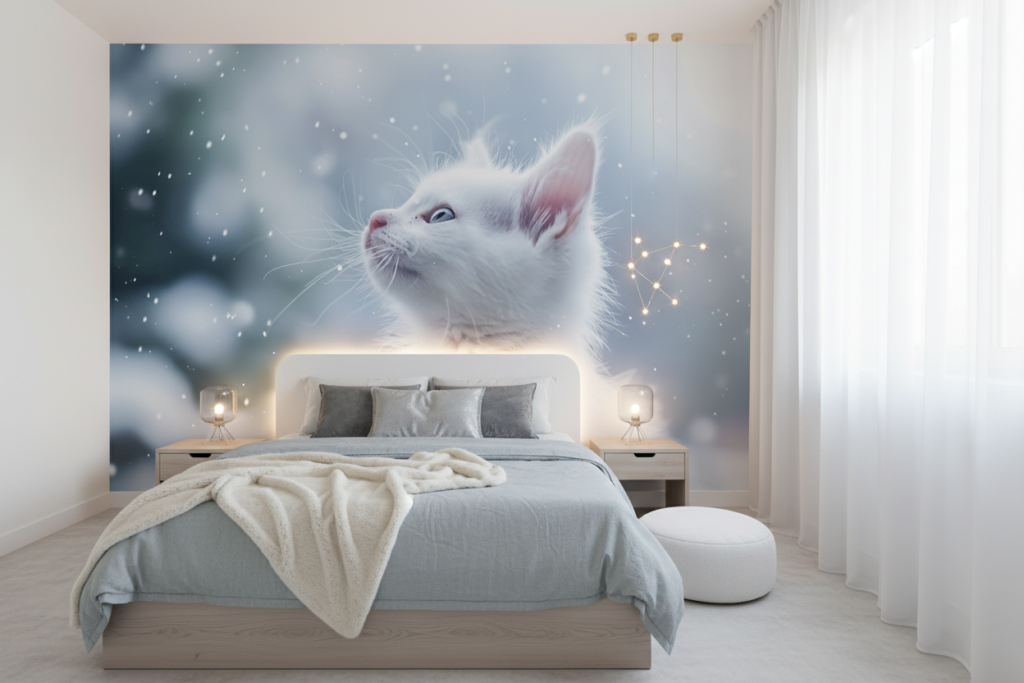 Chaton blanc dans la neige regard vers le ciel étoilé - Chambre ado