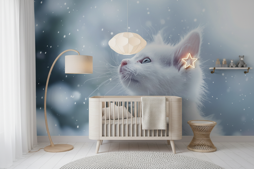 Chaton blanc dans la neige regard vers le ciel étoilé - Chambre bébé