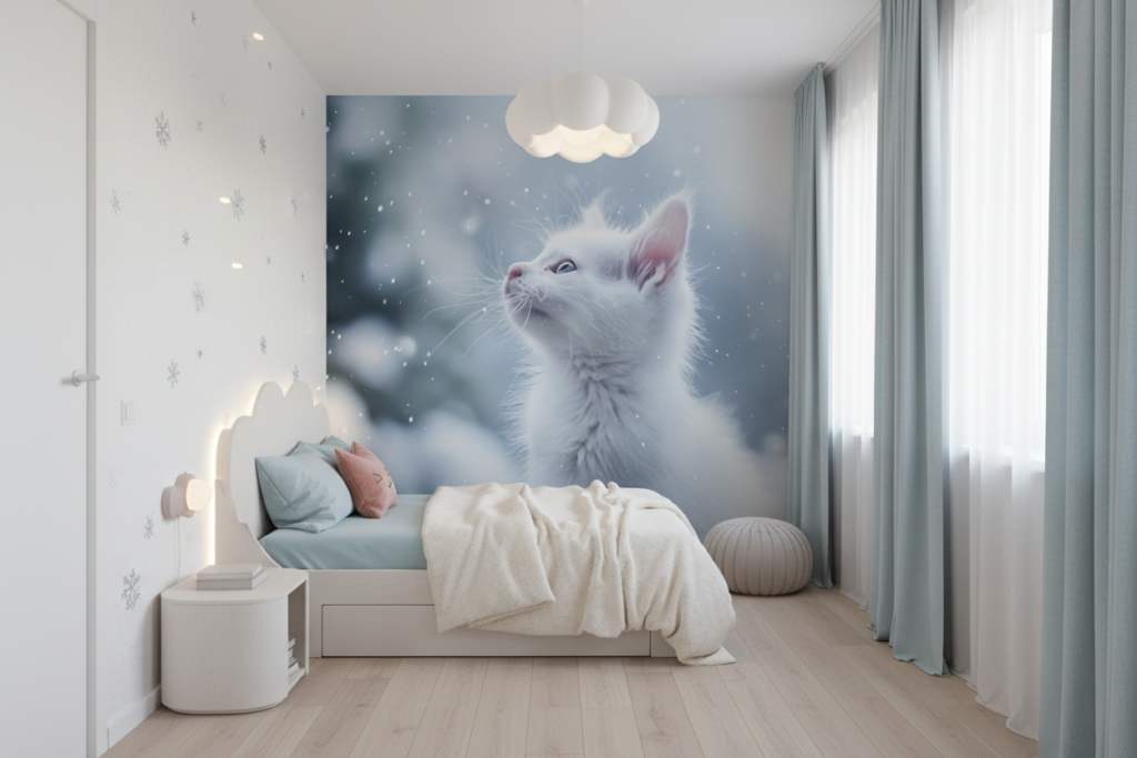 Chaton blanc dans la neige regard vers le ciel étoilé - Chambre enfant