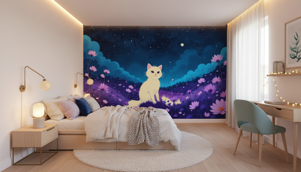 Chaton blanc dans un champ de fleurs violettes sous un ciel étoilé - Chambre ado