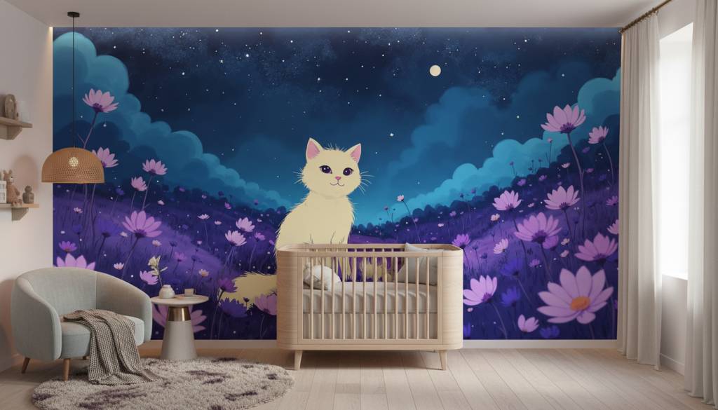Chaton blanc dans un champ de fleurs violettes sous un ciel étoilé - Chambre bébé