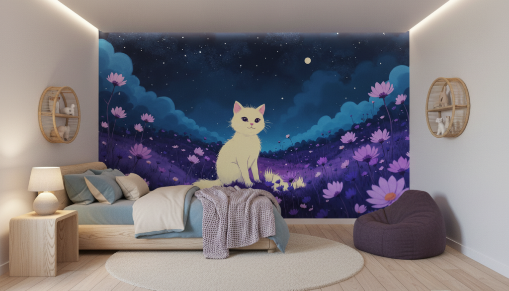Chaton blanc dans un champ de fleurs violettes sous un ciel étoilé - Chambre enfant