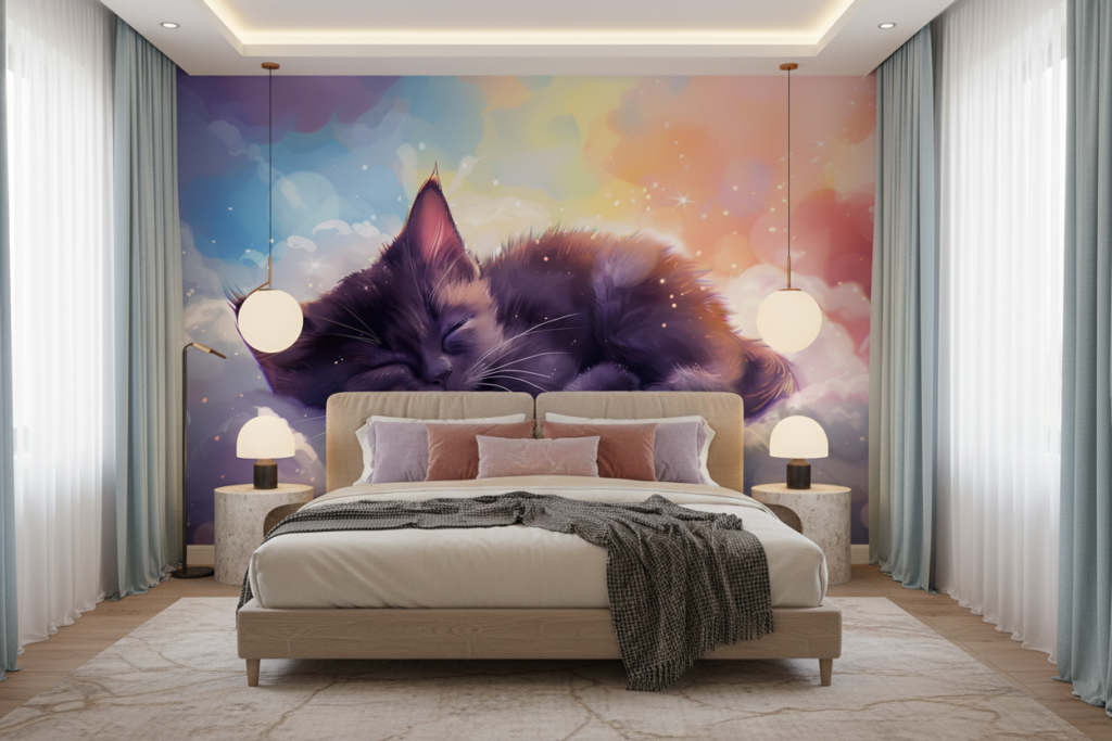 Chaton endormi sur nuages colorés arc-en-ciel magique - Chambre adulte