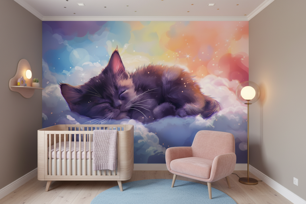 Chaton endormi sur nuages colorés arc-en-ciel magique - Chambre bébé