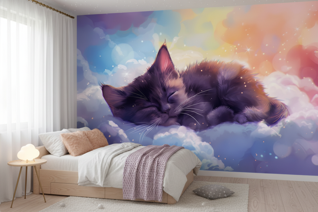 Chaton endormi sur nuages colorés arc-en-ciel magique - Chambre enfant