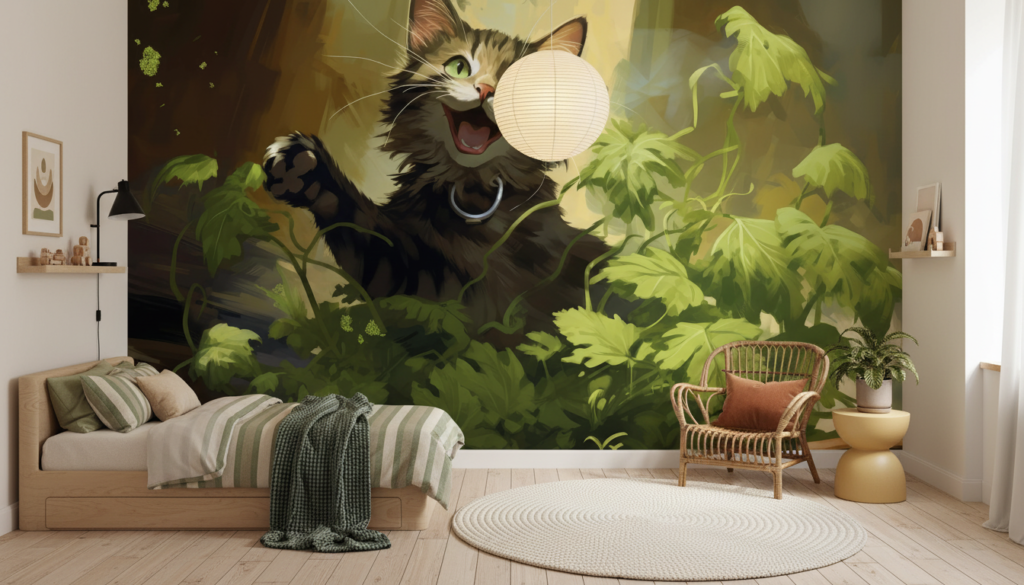 Chaton Espiègle Jouant dans un Jardin de Verdure - Chambre enfant