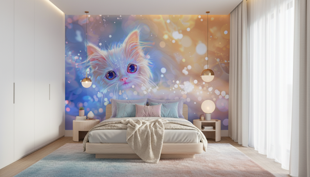 Chaton féerique aux yeux bleus sur fond lumineux irisé - Chambre ado