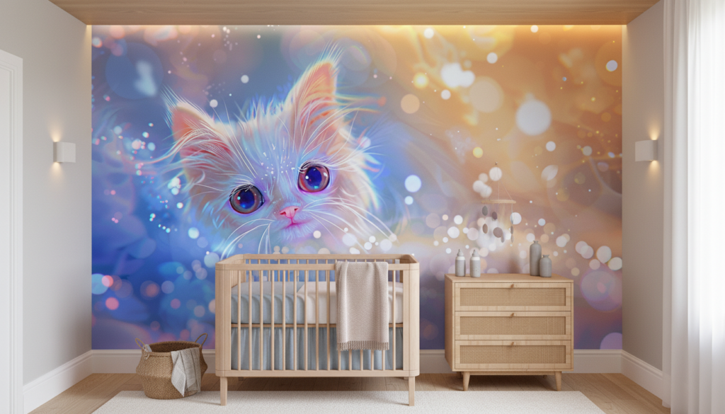 Chaton féerique aux yeux bleus sur fond lumineux irisé - Chambre bébé