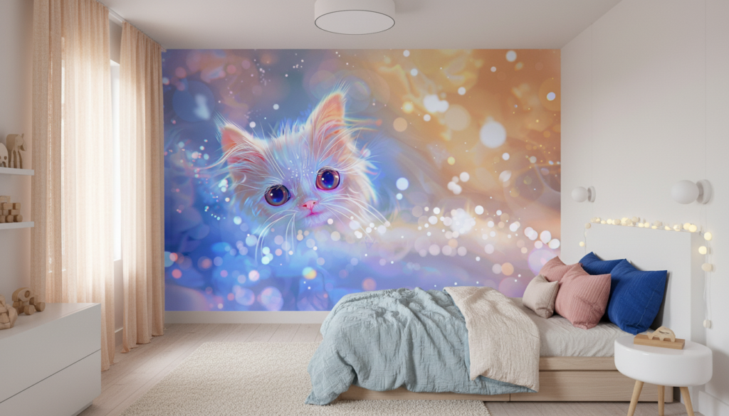 Chaton féerique aux yeux bleus sur fond lumineux irisé - Chambre enfant