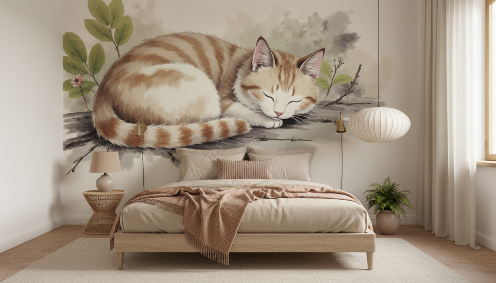 Chaton roux endormi dans un jardin aquarelle naturel - Chambre adulte