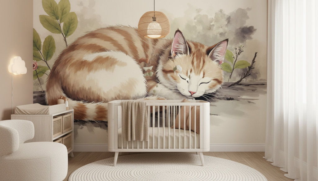 Chaton roux endormi dans un jardin aquarelle naturel - Chambre bébé