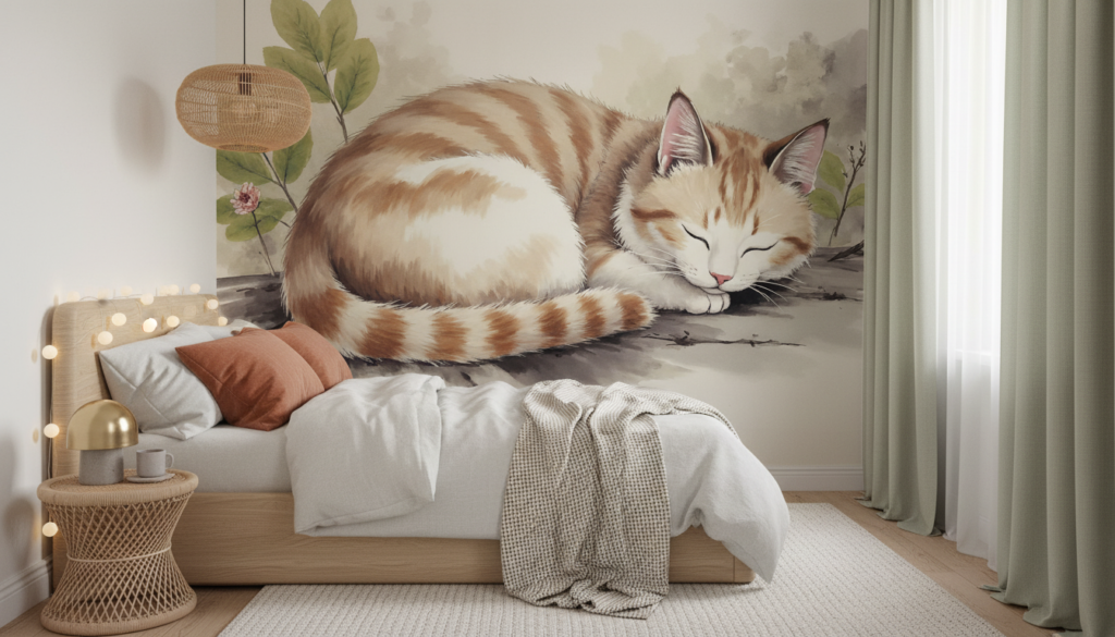 Chaton roux endormi dans un jardin aquarelle naturel - Chambre enfant