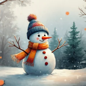 Bonhomme de neige joyeux dans forêt enneigée hivernale magique