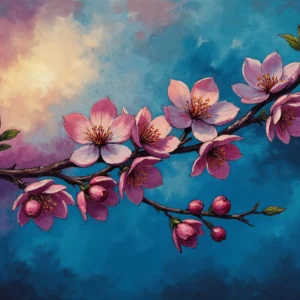 Papier peint branches fleuries roses sur ciel coloré artistique