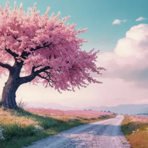 Cerisier en fleurs rose sur chemin de campagne pastoral
