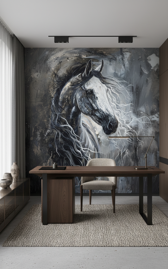 Cheval Majestueux Noir et Blanc Crinière Fluide Artistique - Bureau