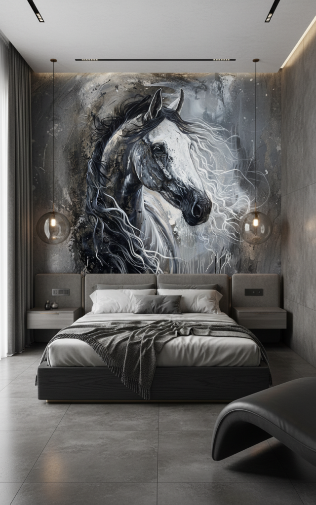 Cheval Majestueux Noir et Blanc Crinière Fluide Artistique - Chambre adulte