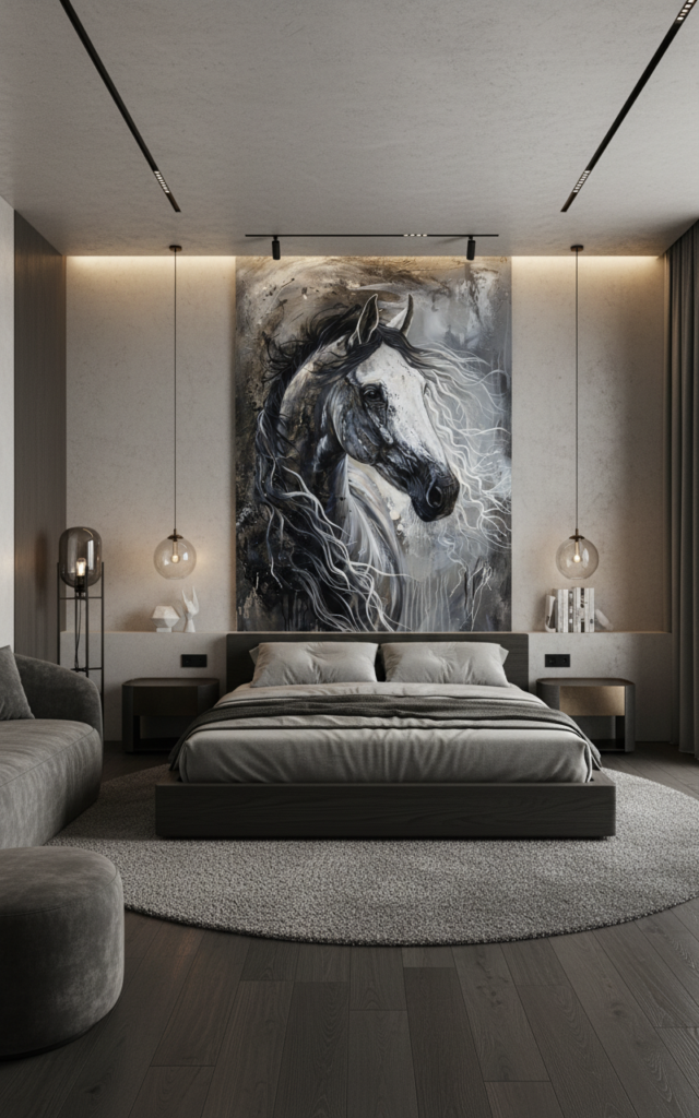 Cheval Majestueux Noir et Blanc Crinière Fluide Artistique - Chambre adulte