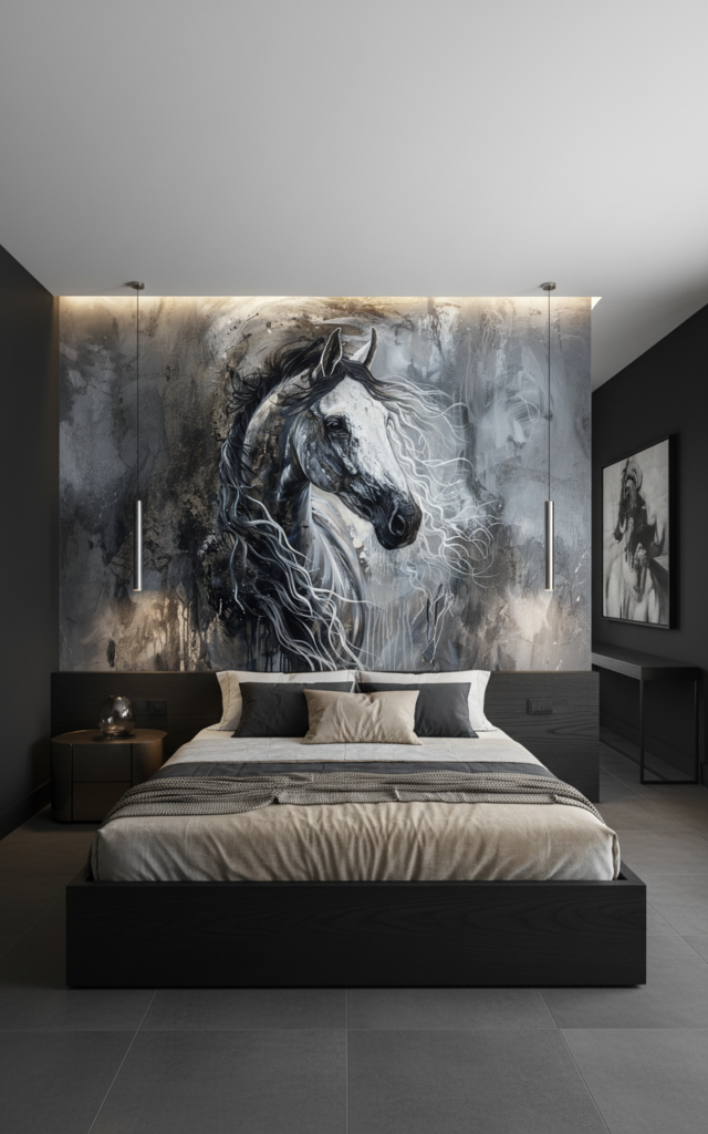 Cheval Majestueux Noir et Blanc Crinière Fluide Artistique - Chambre adulte