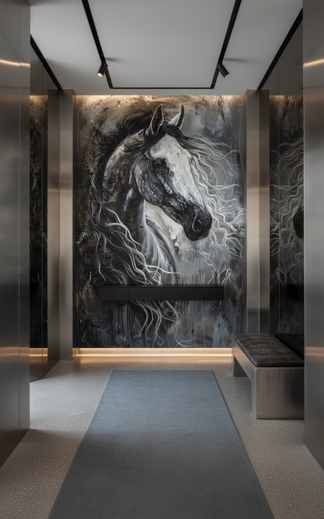 Cheval Majestueux Noir et Blanc Crinière Fluide Artistique - Entrée