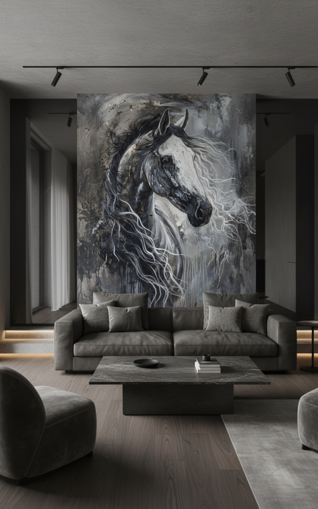 Cheval Majestueux Noir et Blanc Crinière Fluide Artistique - Salon / Séjour