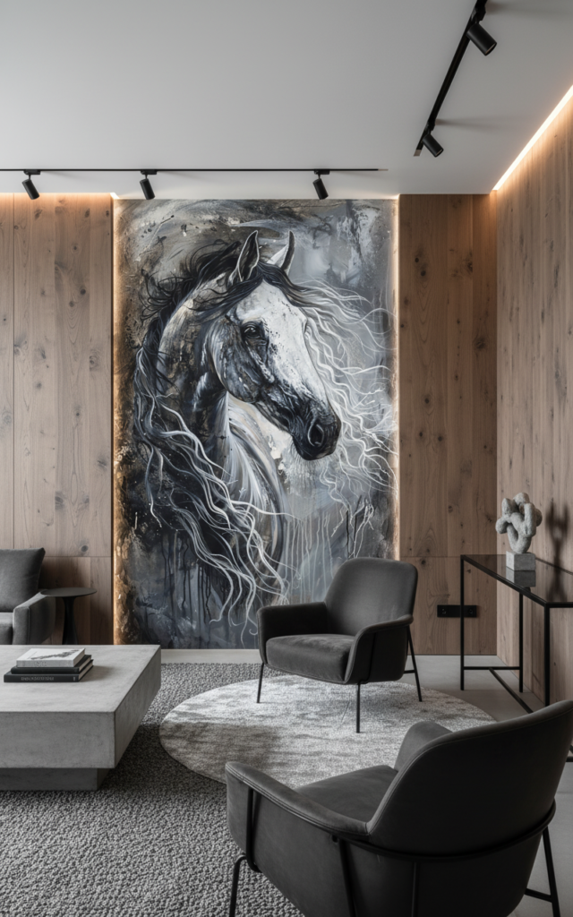 Cheval Majestueux Noir et Blanc Crinière Fluide Artistique - Salon / Séjour