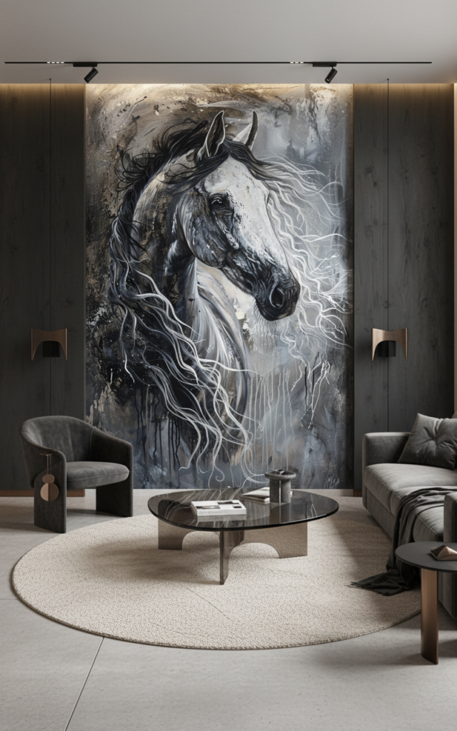 Cheval Majestueux Noir et Blanc Crinière Fluide Artistique - Salon / Séjour