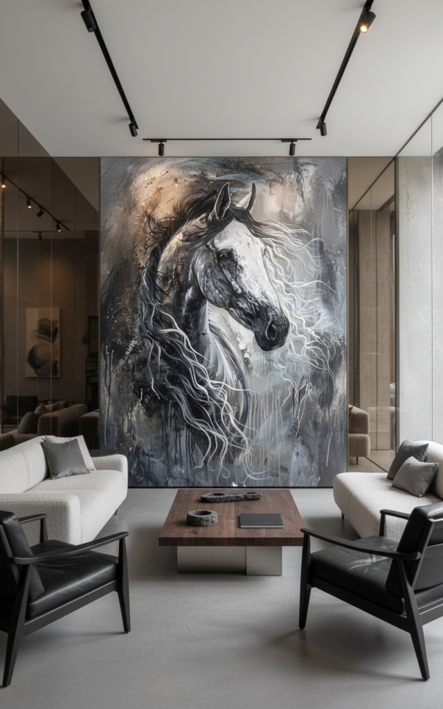 Cheval Majestueux Noir et Blanc Crinière Fluide Artistique - Salon / Séjour