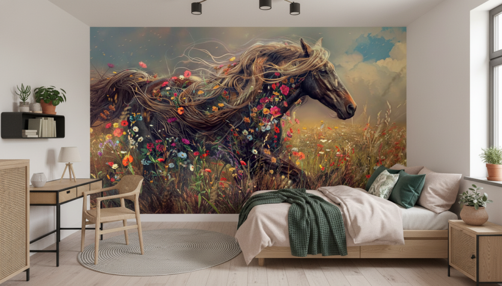 Cheval mystique aux fleurs sauvages dans prairie dorée enchantée - Chambre ado