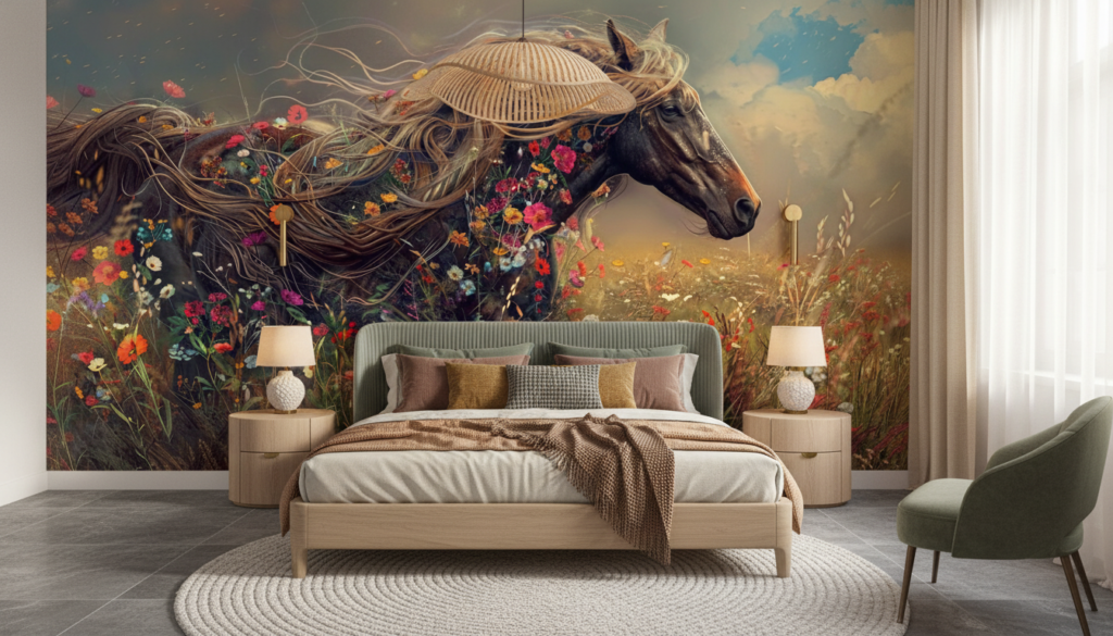 Cheval mystique aux fleurs sauvages dans prairie dorée enchantée - Chambre adulte