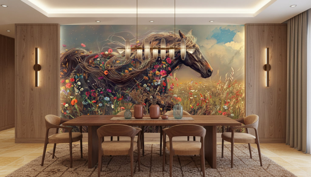 Cheval mystique aux fleurs sauvages dans prairie dorée enchantée - Salle à manger