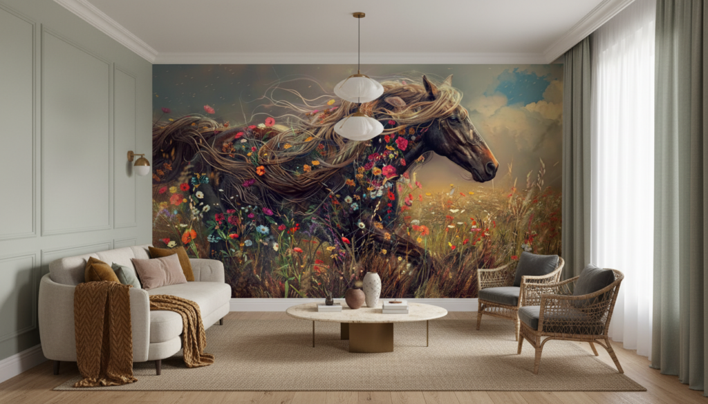 Cheval mystique aux fleurs sauvages dans prairie dorée enchantée - Salon / Séjour