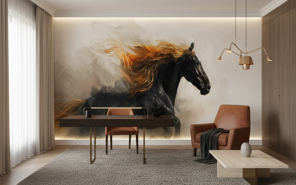 Cheval noir majestueux avec crinière dorée flamboyante en mouvement - Bureau