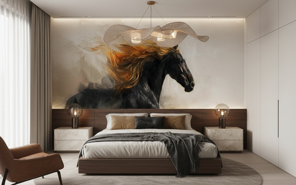 Cheval noir majestueux avec crinière dorée flamboyante en mouvement - Chambre adulte