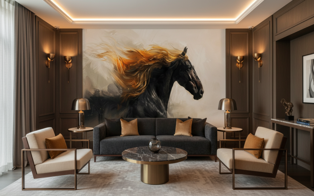Cheval noir majestueux avec crinière dorée flamboyante en mouvement - Hôtel