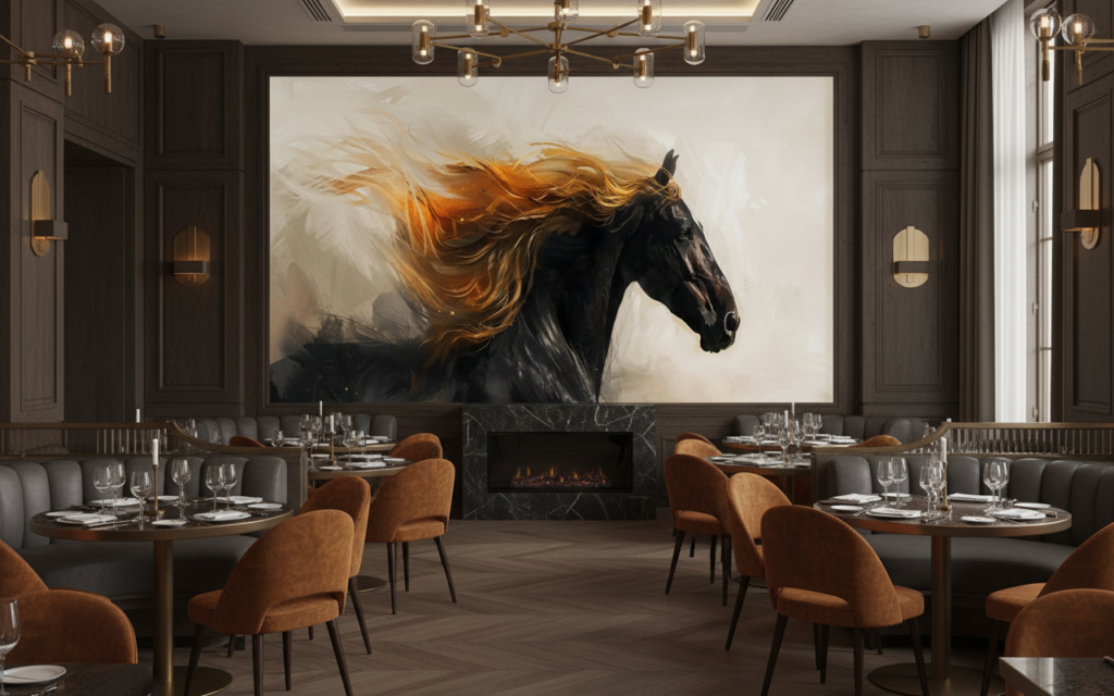 Cheval noir majestueux avec crinière dorée flamboyante en mouvement - Restaurant