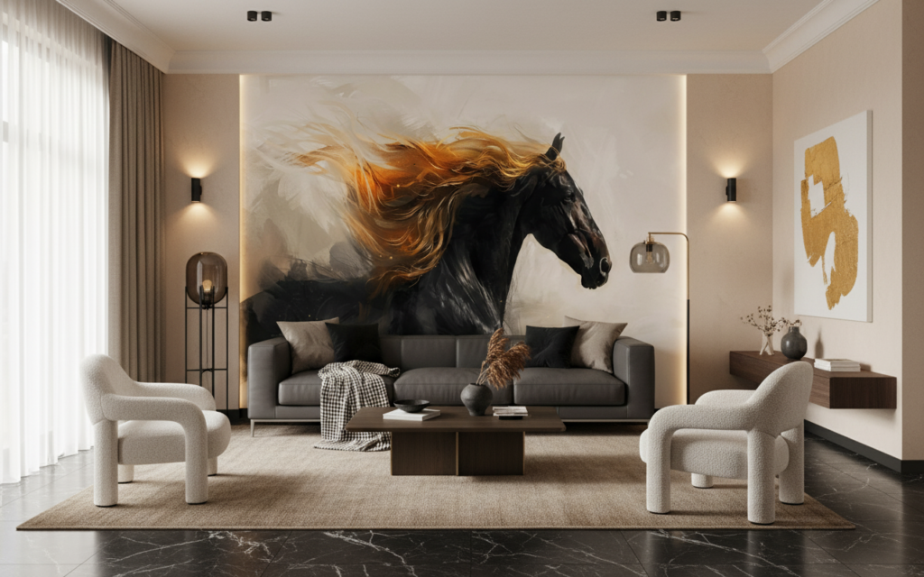 Cheval noir majestueux avec crinière dorée flamboyante en mouvement - Salon / Séjour
