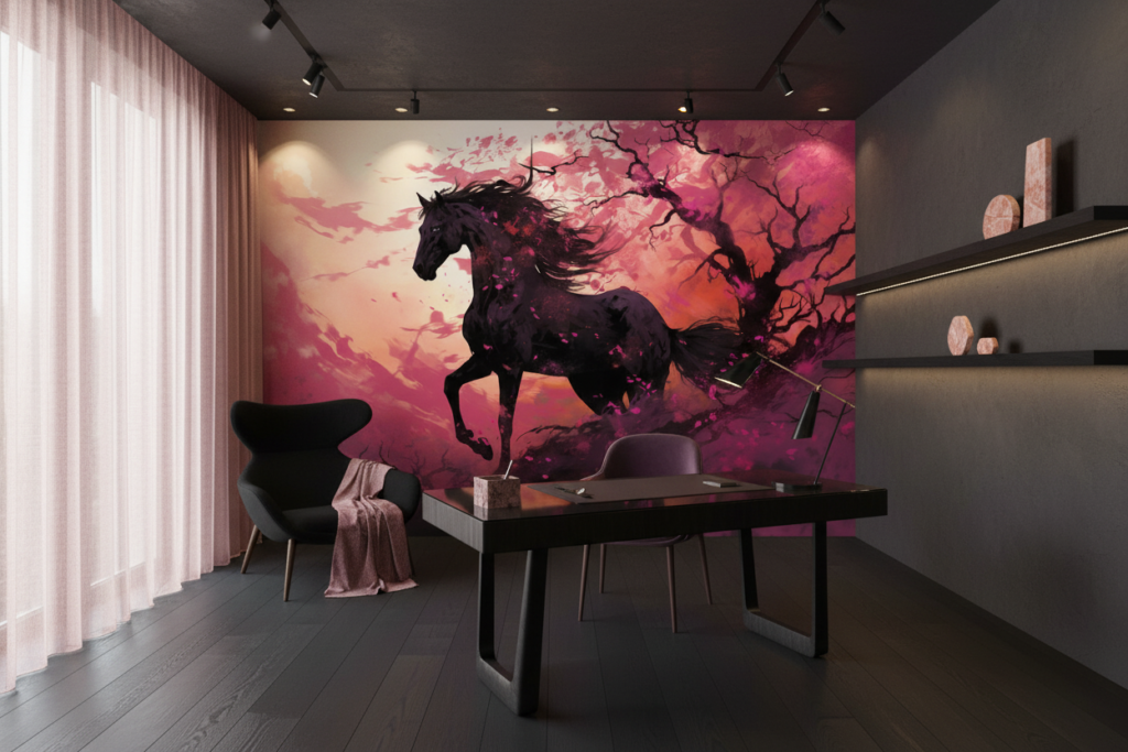 Cheval noir mystique dans paysage rose et violet fantastique - Bureau