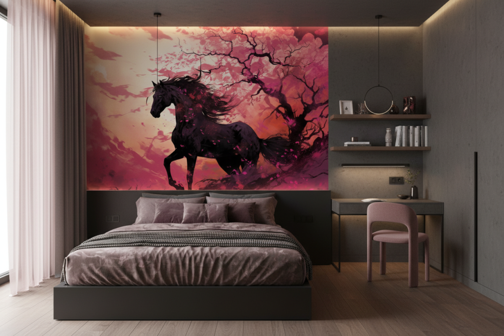 Cheval noir mystique dans paysage rose et violet fantastique - Chambre ado