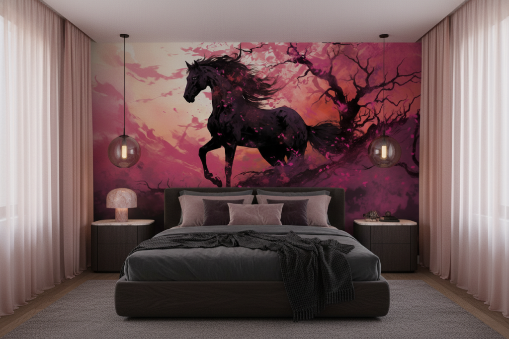Cheval noir mystique dans paysage rose et violet fantastique - Chambre adulte
