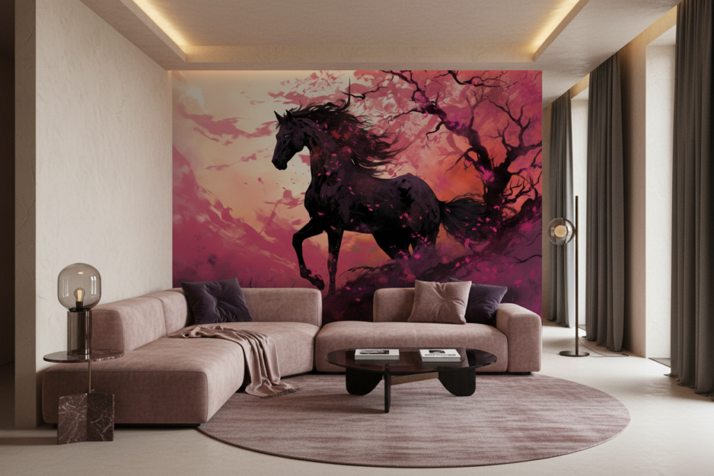 Cheval noir mystique dans paysage rose et violet fantastique - Salon / Séjour