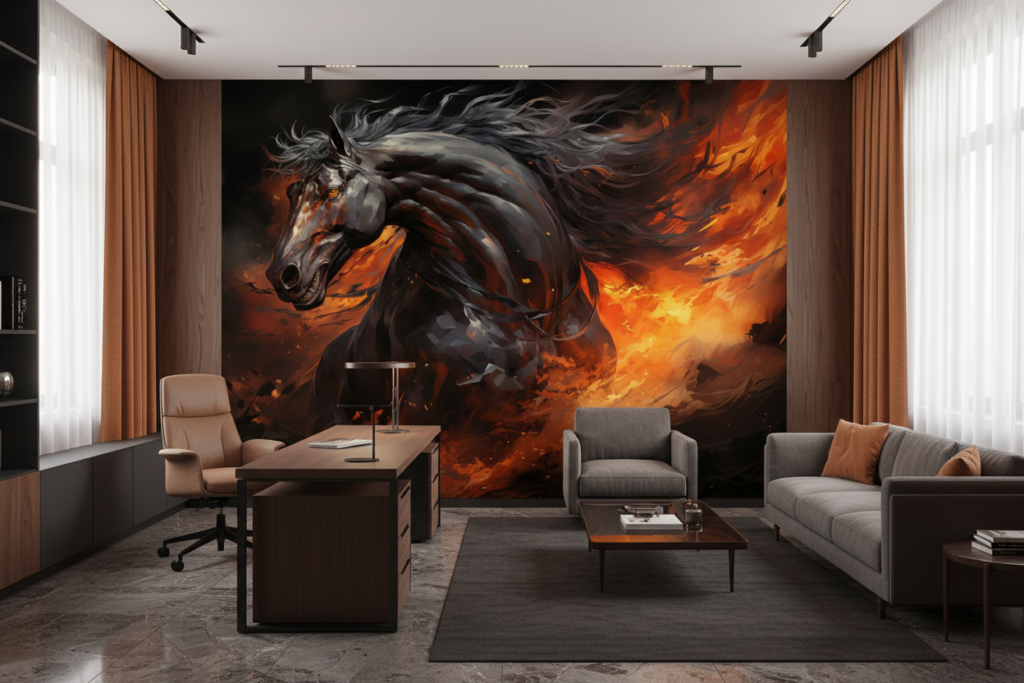 Cheval Noir Mystique dans Tempête de Feu Orange - Bureau