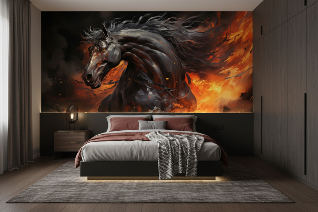 Cheval Noir Mystique dans Tempête de Feu Orange - Chambre ado