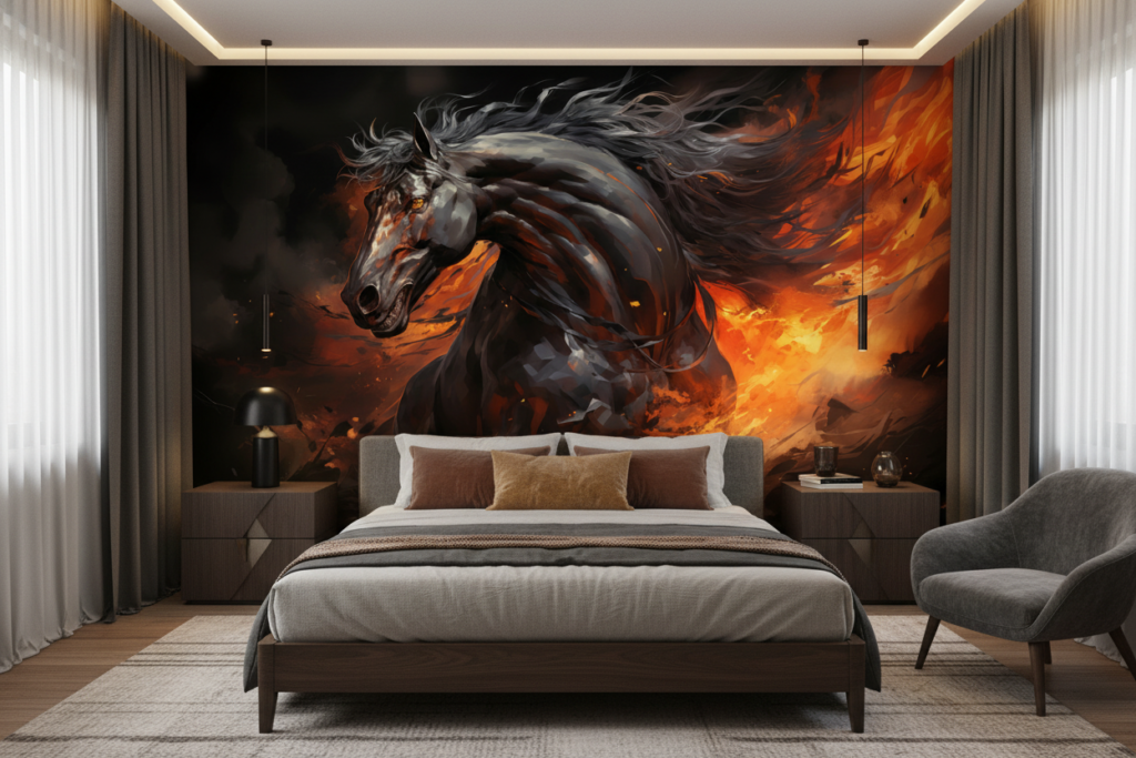 Cheval Noir Mystique dans Tempête de Feu Orange - Chambre adulte
