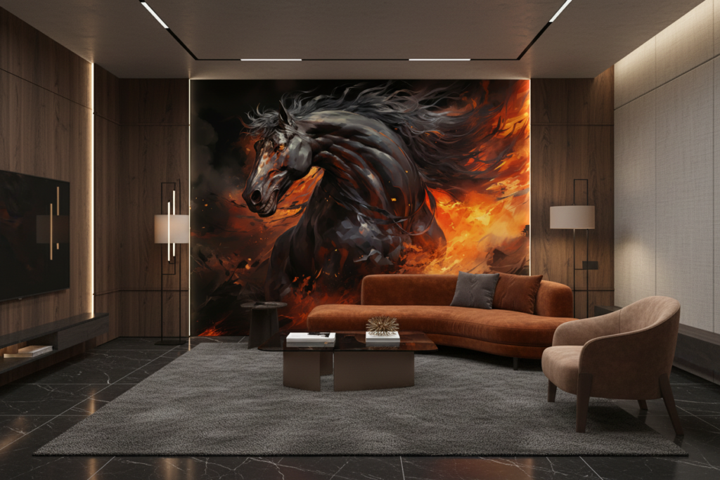 Cheval Noir Mystique dans Tempête de Feu Orange - Salon / Séjour